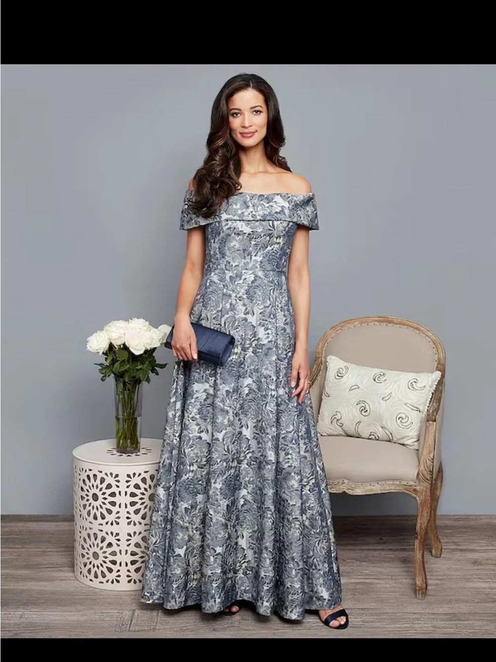 Alex Evenings Jaquard Short Sleeve Off Shoulder Gown NWT - Picture 2 of 15